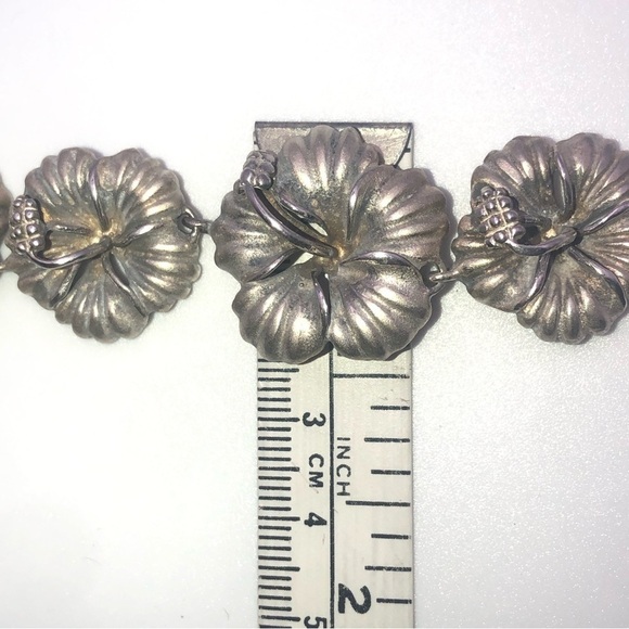 VTG Sterling Hibiscus Flower Link Floral Hawaiian Fetish Bracelet 8” / HEAVY 39g - Picture 8 of 10
